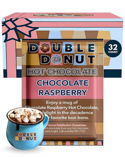 Double Donut Flavored Hot Chocolate, Raspberry Hot Chocolate, Hot Chocolate Packets, Hot Cocoa Mix, Pack 32 Pouches per Pack