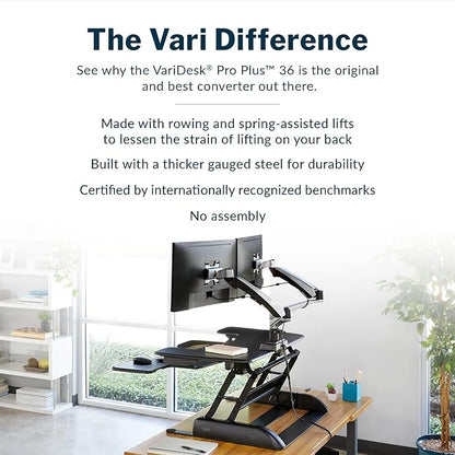 Vari - VariDesk Pro Plus 36 - Dual Monitor Standing Desk Converter - Adjustable Desk Riser with 11 Height Settings - Stand Up Home Office Workstation - Rising Desk with Spring Loaded Lift (Black)