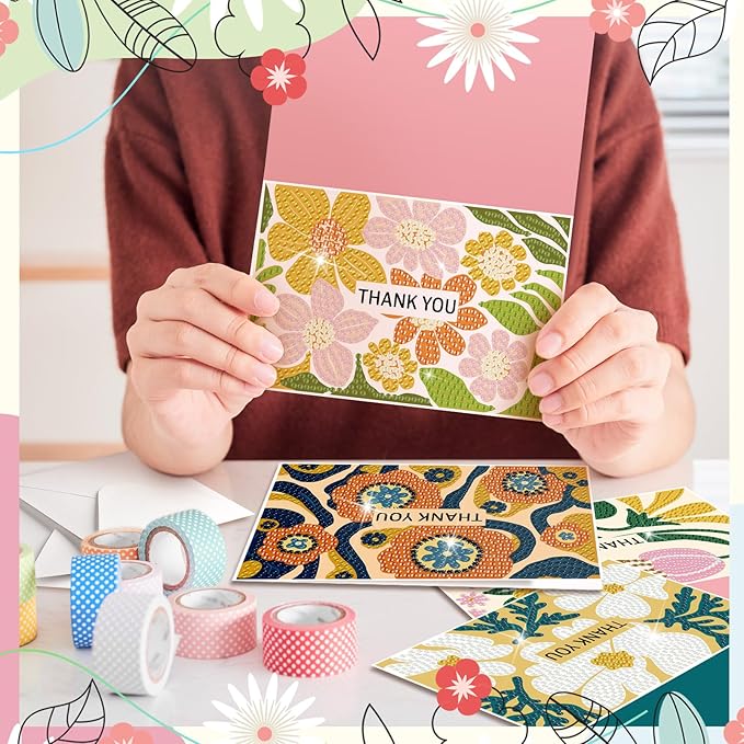 Saillong 12 Pack Flower Thank You Diamond Painting Greeting Card Kits DIY Spring Diamond Art Cards with Envelopes Floral 5D Rhinestones Painting Making Kits for Adults DIY Craft Family Birthday Gifts