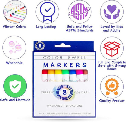 Color Swell 8-Pack Broad Line Markers – Washable, Non-Toxic, Ideal for Kids, Students, Adults, and Classroom Activities