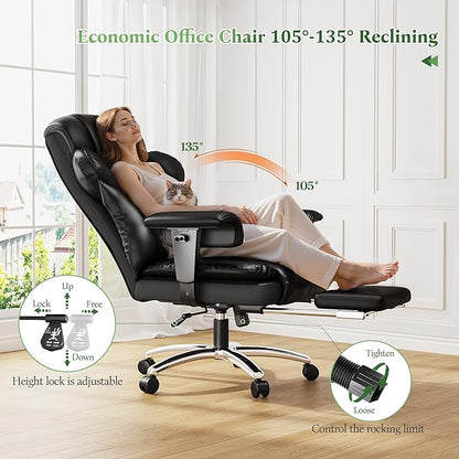 Office Chair with High Back,28.7" Deep Seat,Big and Tall Executive Leather Office Chair with Foot Rest & Arms,Reclining Desk Chair Ergonomic with Lumbar Support for Home Office,Blcak