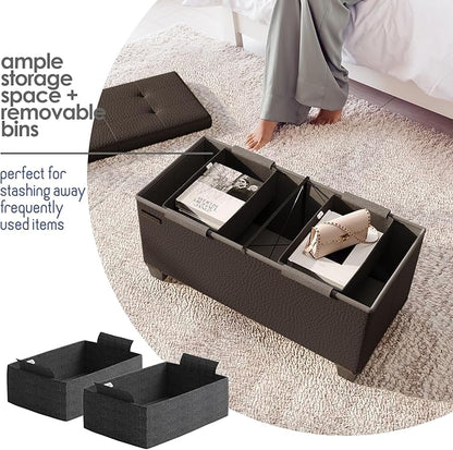STORAGEBUD Storage Ottoman Bench with Bins, 30-in Storage Bench for Bedroom End of Bed, Folding Foot Rest Ottoman for Living Room Max 660lbs, Faux Leather Ottomans, Brown