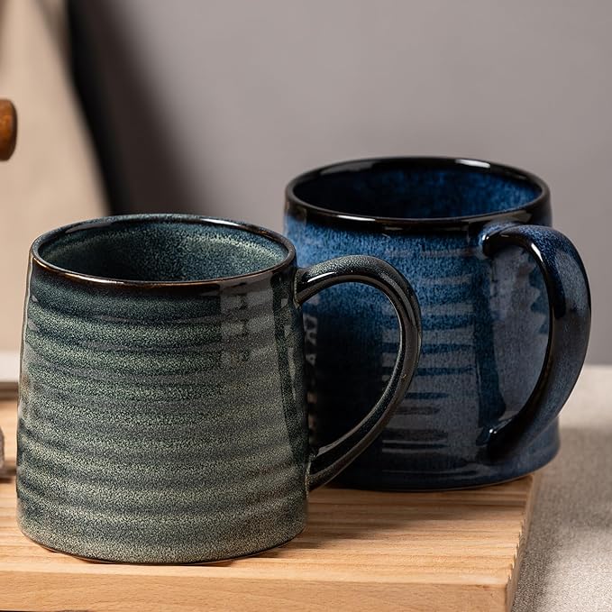 Ceramic Coffee mugs, 21 oz, Extra Large Mugs, Big Tea Cup, Large Handle, Pottery Mug, Big Belly, Transmutation Glaze，Wide Bottom, stripe pattern, Microwave & Dishwasher Safe. (Dark Green)