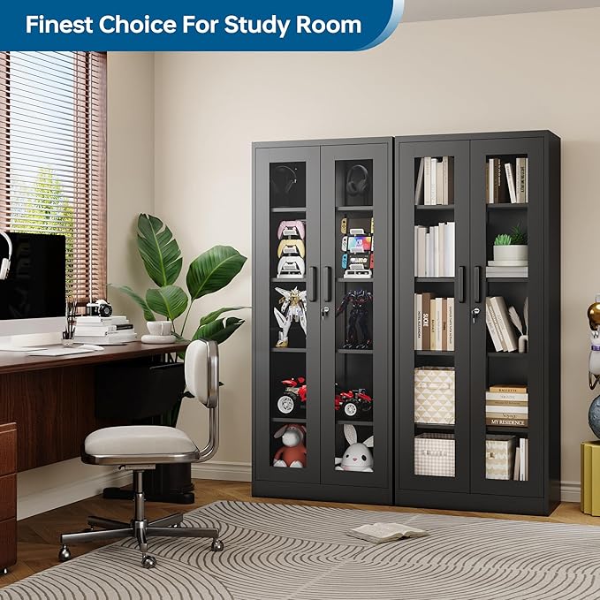 Display Storage Cabinet with Glass Door, 67 Inches Metal Curio Cabinet with 4 Adjustable Shelves, Lockable Glass Display Case for Home, Office, Clinic, Pantry, Assemble Required (Black)
