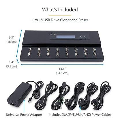 StarTech.com Standalone 1 to 15 USB Flash Drive Duplicator/Cloner/Eraser, Multiple USB Thumb Drive Copier / Sanitizer, System File / Sector-by-Sector Copy, 1.5 GB/min, 3-Pass Erase, LCD, TAA