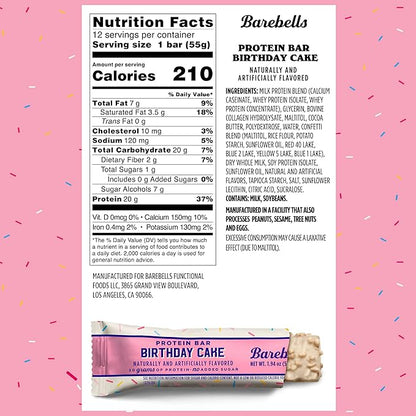 Barebells Protein Bars Birthday Cake - 12 Count, Pack of 2 - Protein Snacks with 20g of High Protein - Chocolate Protein Bar with 1g of Total Sugars - On The Go Protein Snack & Breakfast Bars…