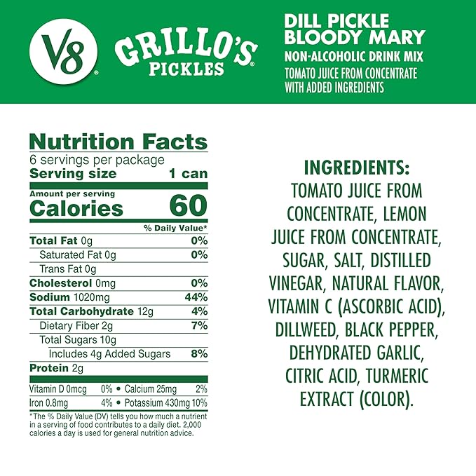V8 Grillo's Pickles Dill Pickle Bloody Mary Mix, 8 fl oz Can (24 Pack)