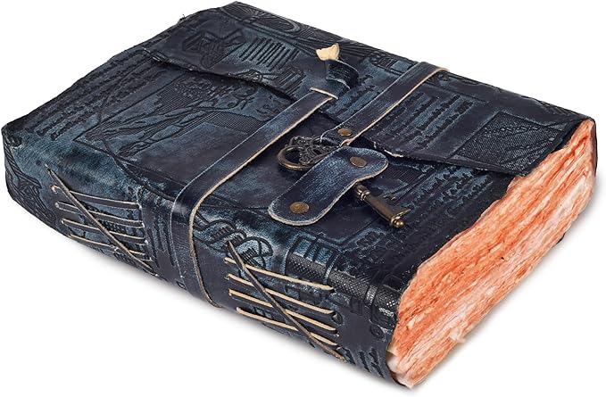 LEATHER VILLAGE Genuine Leather Handmade Journal for Men & Women – Vitruvian Man Embossed Cover – Key Closure – Book of Shadow – Vintage Deckle Edge Paper for Writing, Drawing – 7x5 Inches – Turquoise