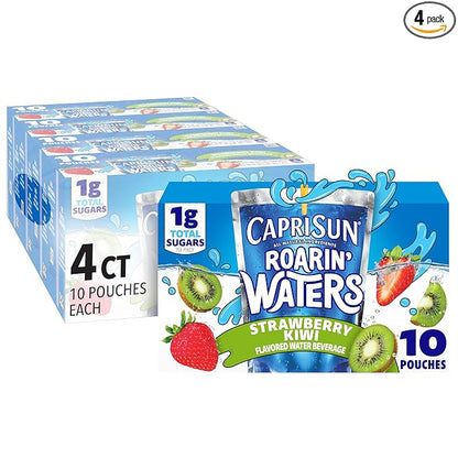Capri Sun Roarin' Waters Strawberry Kiwi Flavored with other natural flavor Water Beverage, 40 ct Pack, 4 Boxes of 10 Drink Pouches