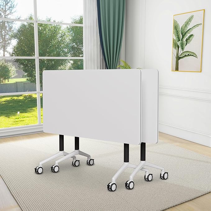 Conference Room Table, 55 Inch Folding Conference Tables with Wheels, Modern Office Meeting Table, Easy Flip & Nest Design, Rectangular Seminar Tables with Metal Frame for 2-24 People (M, 2PCS)