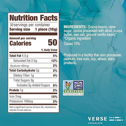 Verse Dark Chocolate Sea Salt Squares - Only 3g Cane Sugar - Creamy 70% Cocoa Dark Chocolate - Individually Wrapped Cacao Bar Squares (30 Count)