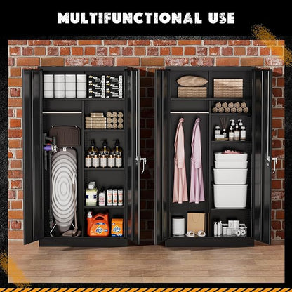 Greenvelly Metal Storage Wardrobe Cabinet with Doors, Black 72” Steel Wardrobe Closet, Employees Locker Closet Clothing Coat Steel Wardrobe Cabinet with Hanging Rod for Home Office Room School