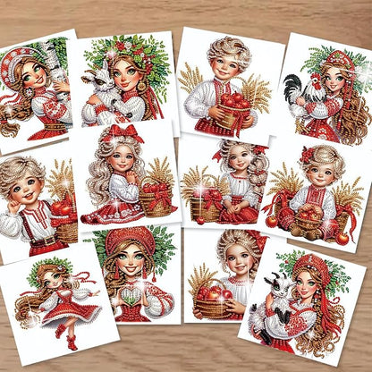 jinglinhh 12pcs Diamond Art Painting Boys and Girl in Red Greeting Cards with Envelopes, DIY Card Making Kits for Adults, Diamond Art Christmas Cards for Birthday Holiday Postcards Craft Gifts
