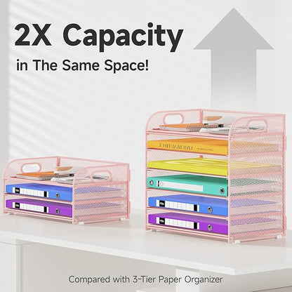 6 Tier Paper Organizer with Handle, Metal Desk Organizer Mesh Paper Letter Tray Desktop File Folder Document Sorter for Classroom, School, Office Accessories Organization and Storage - Pink