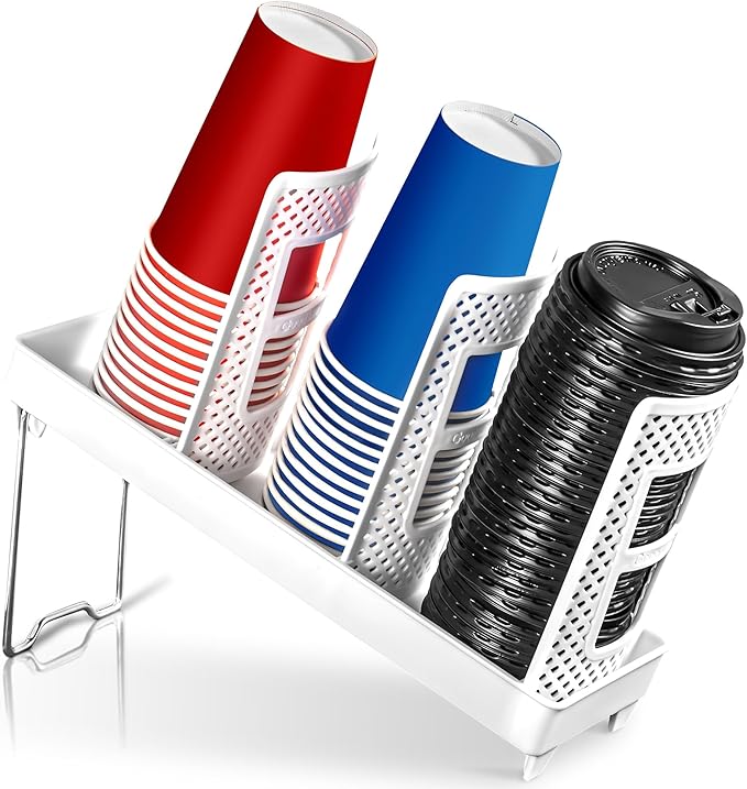 Paper Cup and Lid Holder, Disposable Coffee Cup Dispenser, 3-Slot Upright Paper Cup Dispenser for Coffee Stations, Kitchens, Bars, Restaurants, Lounges (White)