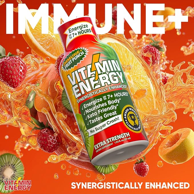 Vitamin Energy Immune+ Extra Strength Energy Shot Fruit Punch 8 Pack, 260mg Natural Caffeine, B-Vitamins, Citicoline, Green Tea, Immunity & Focus Support, Zero Sugar, Gluten-Free 1.93 fl oz