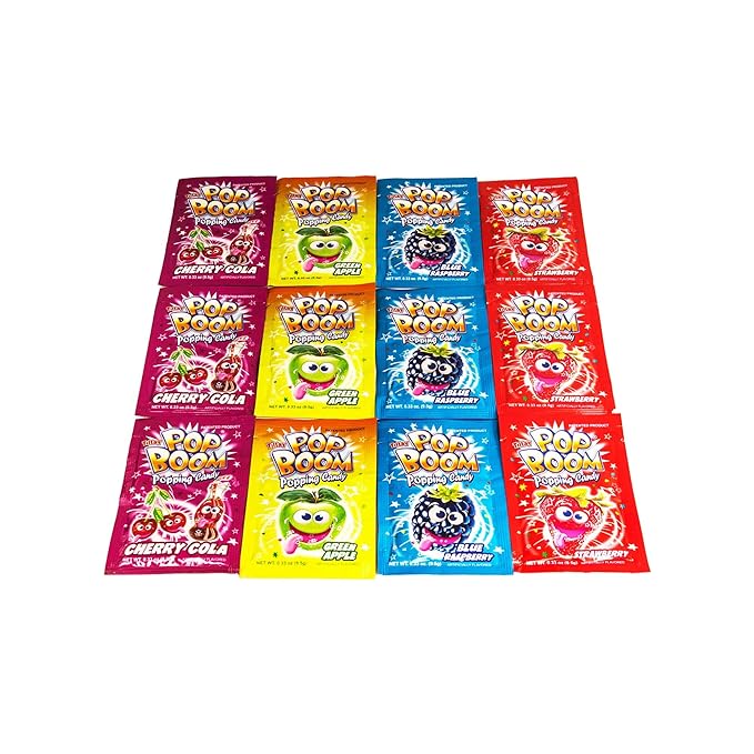 Tiltay Pop Boom Popping Candy – 4 Flavor Assortment, Strawberry, Cherry Cola, Green Apple, Blue Raspberry - 12 Packs