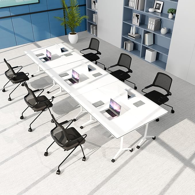 Conference Table Folding Conference Room Tables, Modern Mobile Meeting Training Table with Silent Wheels, Foldable Seminar Table for Offices, Classrooms, Libraries (6, White, 55.1in)
