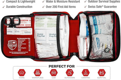 Swiss Safe 2-in-1 First Aid Kit for Car, Travel & Home, Businesses - Bonus Mini Kit for Medical Emergency Aid, Survival, Camping - 200 Pcs, Medium FAK