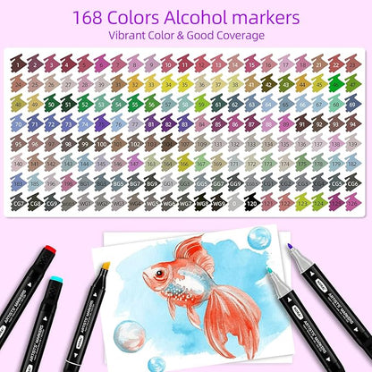 168 Colors Alcohol Markers, Permanent Dual Tip Art Markers with Fine Tip & Chisel Tips for Coloring, Illustrations, Drawing, Sketching Perfect for Adults with Carrying Case