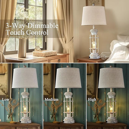 28" Farmhouse Table Lamp Set of 2 with USB Charging Ports, Tall Table Lamp for Living Room,3-Way Dimmable Lamps for Bedroom, Rustic Bedside Lamp, Industrial Nightstand Lamps,Bulbs Included