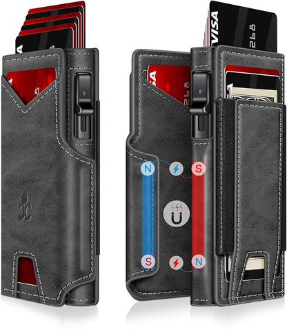 Wallet for Men Wallet with Slim Pop Up Card Holder 9-13 Cards, Bifold Minimalist Smart Wallet RFID Blocking Credit Card Holder with ID Window & Stretchable Cash Slot Compact Metal Aluminum Card Case