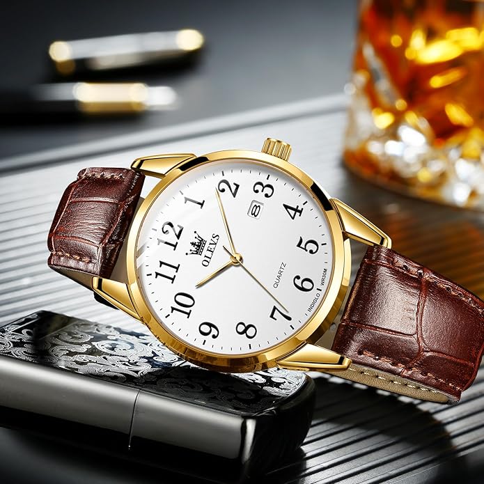 OLEVS Watch Men Mens Watches Watches for Men Leather Band Classic Brown Leather Watch Men, Analog Watch Men, Black Mens Leather Watch, Dress Waterproof Large Face Mens Watch,Relojes para Hombres Watch