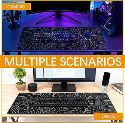 3 Pcs Large Gaming Mouse Pad 31.5 x 11.8in,Anti-Slip Rubber Base Mousepad, XL Keyboard Mouse Mat for Home/Office, Black with White Topographic Line