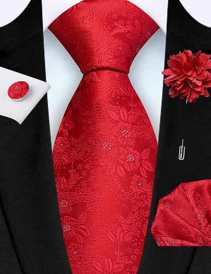 GUSLESON 3.15"（8cm） Mens Floral Tie and Lapel Pin Necktie Hankerchief Cufflinks Set for Men