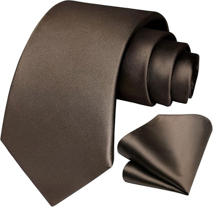 HISDERN Mens Solid Color Ties Formal Satin Necktie and Pocket Square Set Classic Wedding Business Tie & Handkerchief