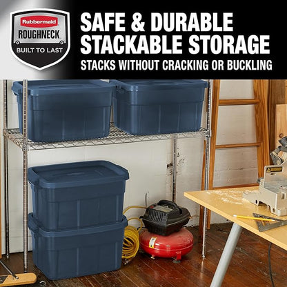 Rubbermaid Roughneck Tote 14 Gal, 6 Pack, Made in USA, Dark Indigo Metallic, Rugged Plastic Stackable Storage Bins with Lids and Handles
