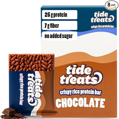 25g Protein Bar Crispy Rice Treat Chocolate | Clean Ingredients, Gluten Free, No Added Sugar, 7g Fiber | High Protein Snack, Post-Workout Dessert Cravings | 8 Count | TideTreats