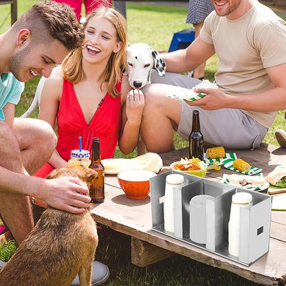 Adjustable Stainless Steel Cup & Lid Holder - 3 Compartments, 32 oz Cup Dispenser for Restaurant, Straw Organizer Commercial Cup Holder, 304 Stainless Steel Lid Dispenser