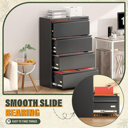 Greenvelly Lateral File Cabinet 4 Drawer, Lockable Metal Filing Cabinet for Home Office, Black Metal File Cabinet with Lock for Legal/Letter/A4/F4 Size with Hanging Bars&Key