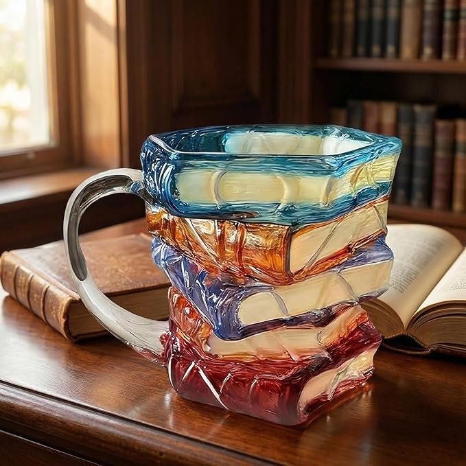 3D Painted Book Stack Glass Coffee Mug, 12 oz Colorful Heat-Resistant Cup, Christmas & Holiday Gifts for Books Lovers, Readers, Writers, Librarians, Book Club and Bookworm Fans