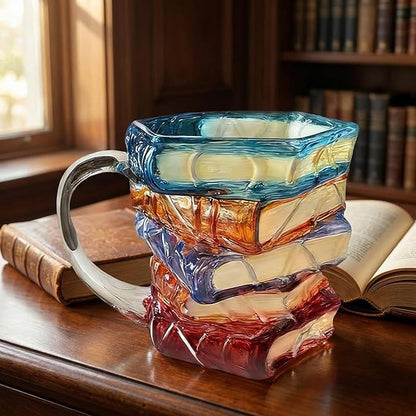 3D Painted Book Stack Glass Coffee Mug, 12 oz Colorful Heat-Resistant Cup, Christmas & Holiday Gifts for Books Lovers, Readers, Writers, Librarians, Book Club and Bookworm Fans