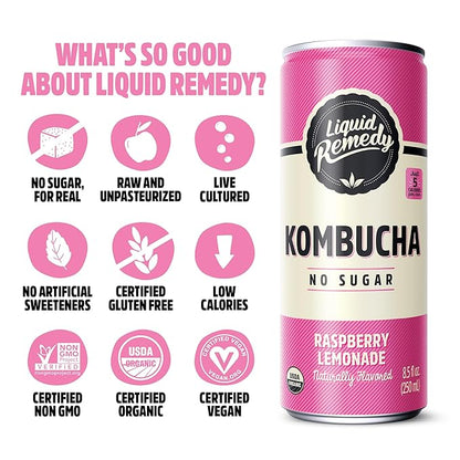 Liquid Remedy Kombucha Sugar Free Organic Drink, Low Calorie, Probiotic Like Tea for Gut Health - Fruity Faves Variety Pack - 8.5 Fl Oz Can, 12-Pack