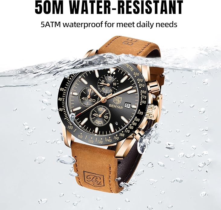 BY BENYAR Watch for Men Analog Quartz Chronograph Waterproof Luminous Designer Mens Wrist Watches Business Work Sport Casual Dress Watch with Silicone Strap Elegant Gifts for Men