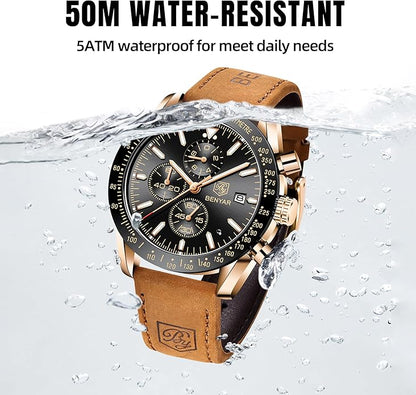 BY BENYAR Watch for Men Analog Quartz Chronograph Waterproof Luminous Designer Mens Wrist Watches Business Work Sport Casual Dress Watch with Silicone Strap Elegant Gifts for Men