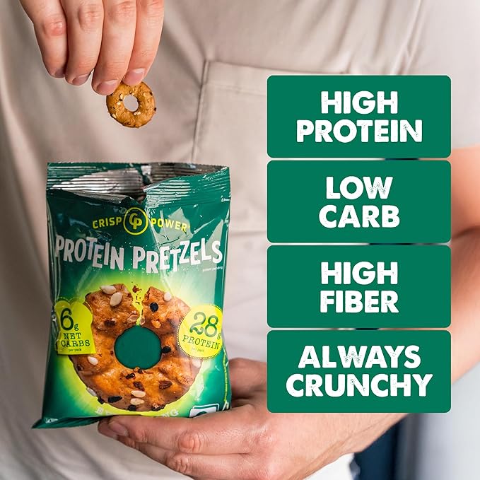 Crisp Power Protein Pretzels, Variety Pack With Sea Salt, Sesame, & Everything, Vegan Keto Snack, Plant Based Protein, Low Carb Crunchy Pretzel Snacks, No Added Sugar, No Seed Oils, 1.75 Oz Bags, 24 Pack