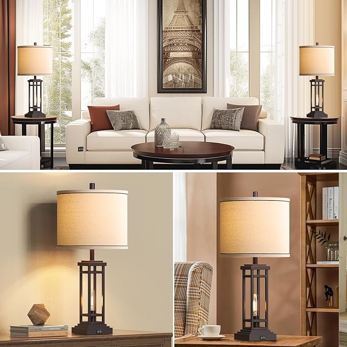 27.5 Tall Farmhouse Table Lamps with USB C + USB A Charge Ports, Rustic Living Room Lamps Set of 2, Black Industrial End Table Lamp for Bedroom Living Room Nightstand (Oil-Rubbed Bronze)