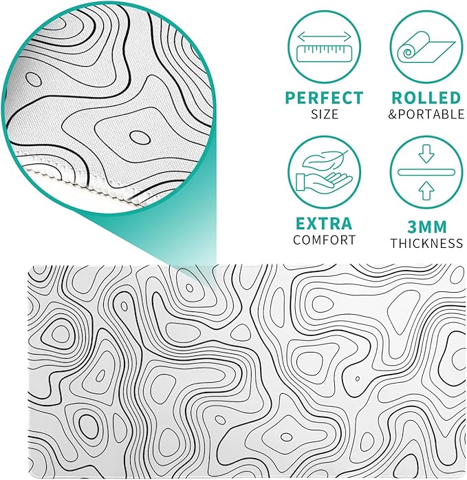 Topographic Contour Gaming Mouse Pad White Large Mouse Pad for Keyboard and Mousepad Desk Mat with 3mm Non-Slip Base and Stitched Edge for Gaming and Office Computer Mat Protector Mat 27.6x11.8 Inch