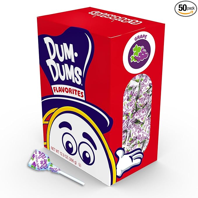 Dum Dums Grape Lollipops - Bulk Candy Box with Lollipops Individually Wrapped, Single Flavor Gourmet Suckers - 50 Count