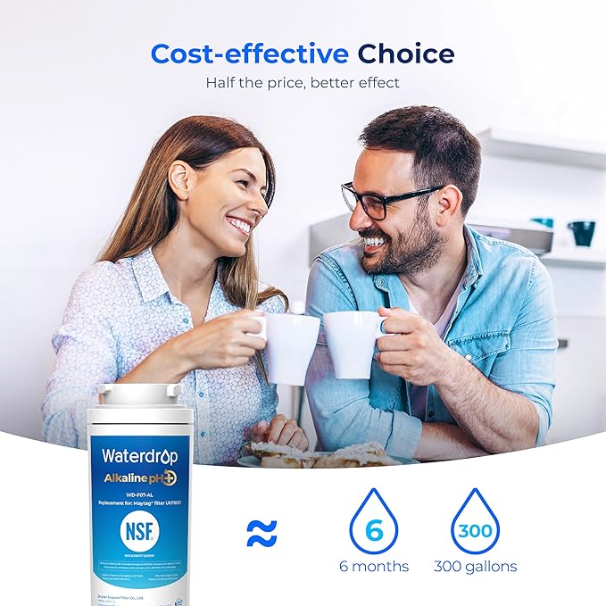 Waterdrop Alkaline UKF8001 Refrigerator Water Filter 4, Enhances pH, Replacement for Whirlpool® EDR4RXD1, EveryDrop® Filter 4, Maytag® UKF8001AXX-750, UKF8001AXX-200,WD-F07,2 Filters