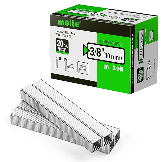 meite 20 Gauge Galvanized Upholstery Staples, 1/2-Inch (12.3 mm) Crown with 3/8-Inch Length, Heavy Duty for Construction, Furniture, Crafts & DIY Projects (1 Box)