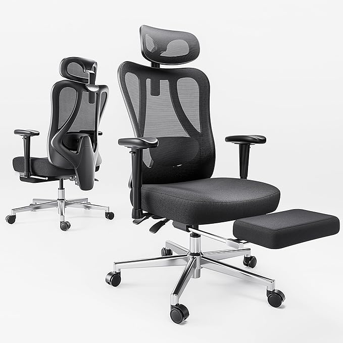 Hbada P3 Ergonnomic Office Chair with 2D Adjustable Lumbar Support, Office Chair with Adjustable Headrest and Armrest, 145° Stepless Tilt Function, Black(with Footrest)