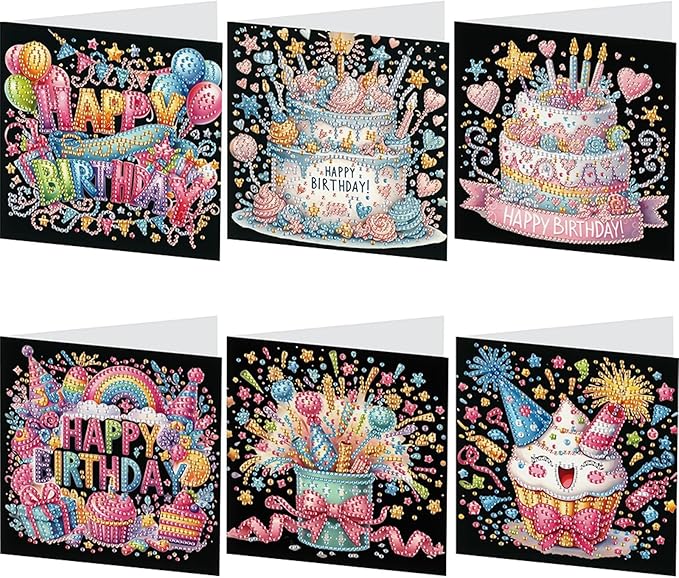 6PCS Diamond Art Painting Greeting Card Set, Birthday Cake Pattern Cards with Envelopes,DIY Card Making Kits Thank You Card Arts Crafts for Birthday