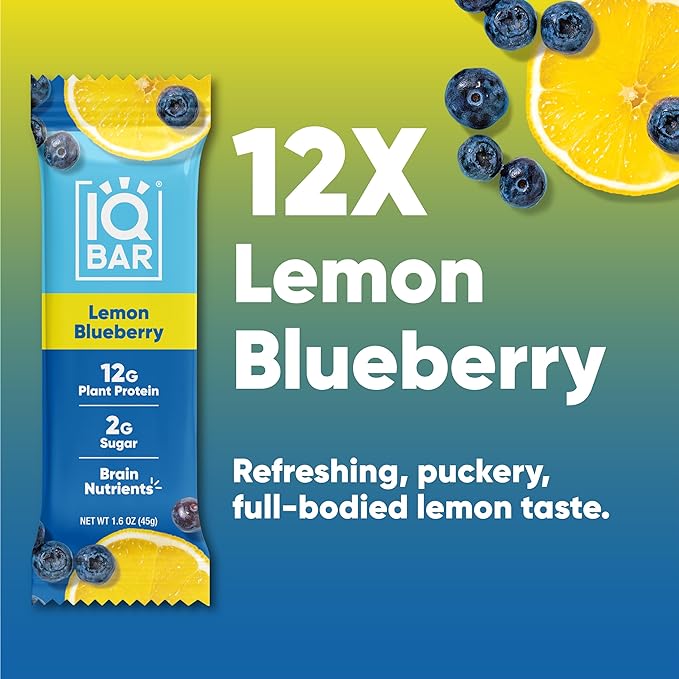 IQBAR Brain and Body Plant Protein Bars - Lemon Blueberry - 12-Count - Keto, Vegan, Low Carb, High Fiber, Gluten Free, Dairy Free, Low Sugar Snack with Nutrients for Focus, Energy, Meal Replacement