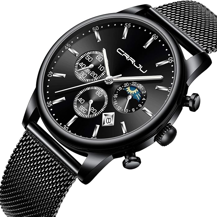 CRRJU Men's Fashion Casual Watches Auto Date Chronograph Watch Men Nice Work Watches Waterproof 30M Full Steel Quartz with Mesh Strap