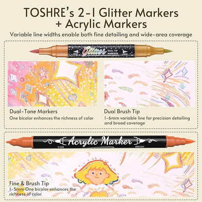 TOSAHRE 72 Colors 48 Pack Dual Tip Glitter Markers & Acrylic Marker Set Shimmer Glitter Marker 24 Pack(48 Colors)+Paint Pens 24 Pack Adult Coloring Marker for Chriatmas Gifts Art Crafts Party Supplies